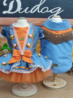 Vestido Junino Fazendeira Azul e Laranja para cachorro e gato na internet