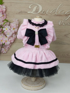 Vestido Plush Rosa e Preto para cachorro e gato