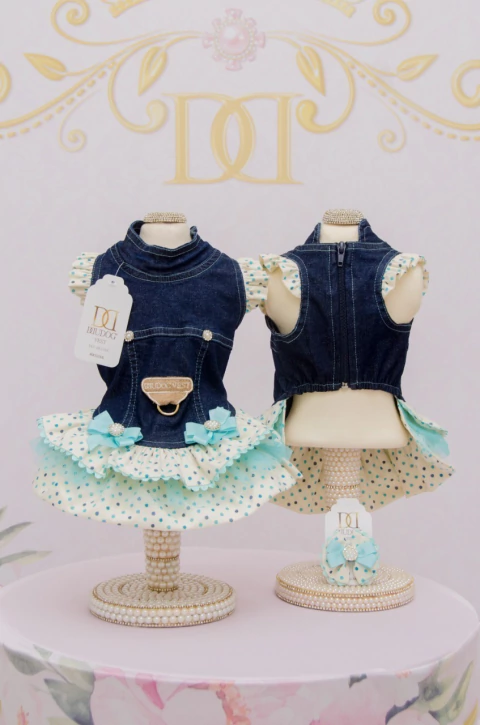 Vestido Jeans Poá Verde para cachorro e gato