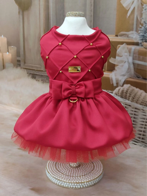 Vestido Natal Encanto Nervuras Vermelho para cachorro e gato