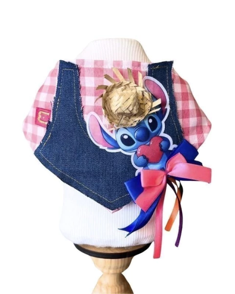 Bandana Festa Junina Stitch Rosa para cachorro e gato