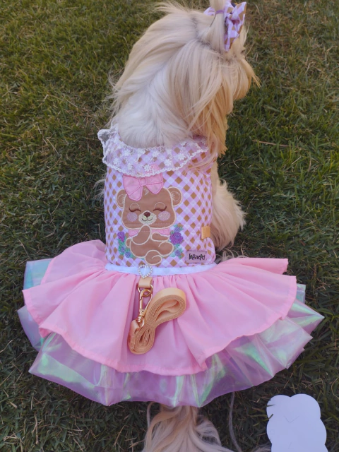 Vestido Peitoral Ursinha Vintage Aplique para cachorro e gato