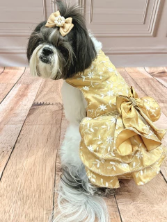 Vestido de Festa Flores Dourado para Cachorro e Gato