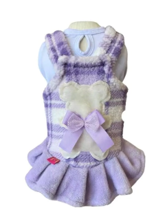 Jardineira Pelúcia Xadrez Lilás para cachorro e gato