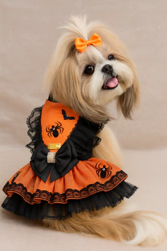 Vestido Halloween Bruxinha Laranja e Preto para cachorro e gato