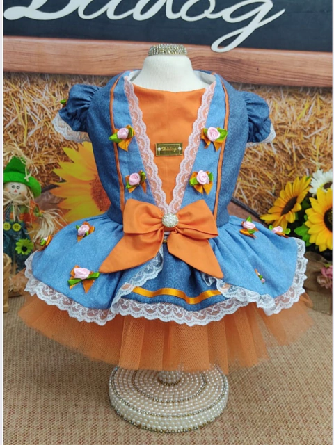Vestido Junino Fazendeira Azul e Laranja para cachorro e gato