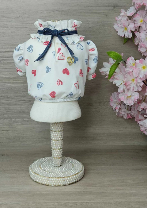 Blusa Cropped Love Off Corações Vermelho/Azul para cachorro e gato