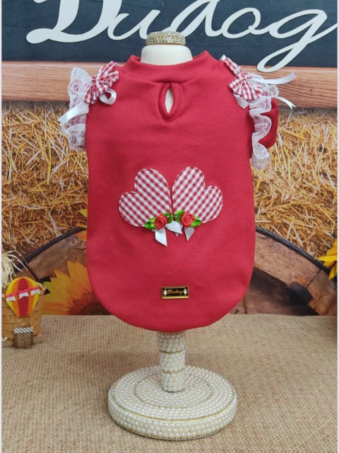 Baby Look Junina Vermelha Corações para cachorro e gato