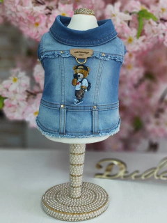 Jaqueta Jeans Delavê Urso Teddy para cachorro e gato