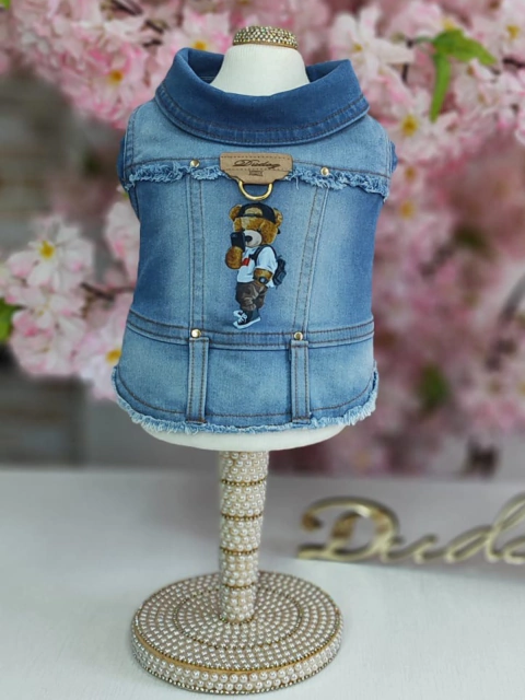 Jaqueta Jeans Delavê Urso Teddy para cachorro e gato