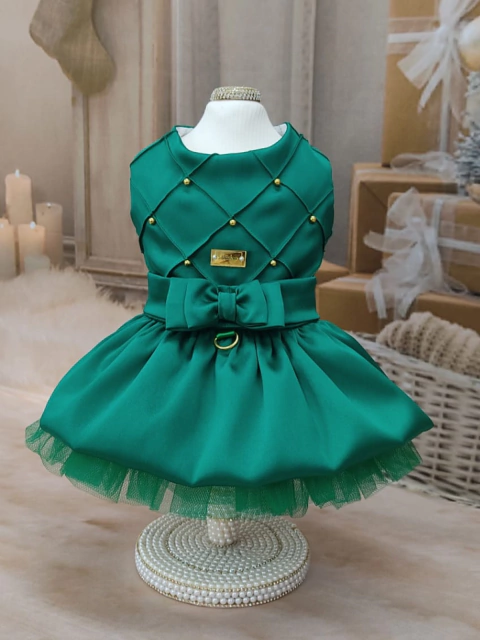 Vestido Natal Encanto Nervuras Verde para cachorro e gato