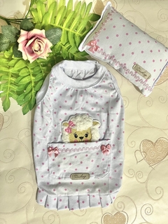 Pijama Pet - Camisola Ovelha Branca Poá Rosa para cachorro e gato