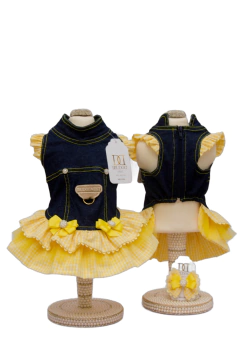 Vestido Jeans Xadrez Amarelo para cachorro e gato - Estilo de Vida Pet