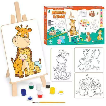 Brinquedo para colorir - Kit de Pintura Mamãe e bebê com cavalete e telas em MDF