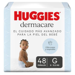 NUEVO !!! HUGGIES DERMACARE G x 48 unidades ULTRA SUAVE MAYOR ABSORCIÒN CON VITAMINA E PARA PREVENIR PASPADURAS