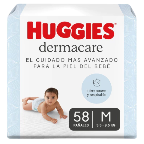 NUEVO !!! HUGGIES DERMACARE M x 58 unidades ULTRA SUAVE MAYOR ABSORCIÒN CON VITAMINA E PARA PREVENIR PASPADURAS