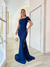 vestido longo justo ombro só com laço azul marinho