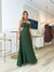 Vestido longo plissado com amarração verde oliva 