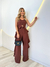 conjunto cropped com babado e calça pantalona marrom escuro