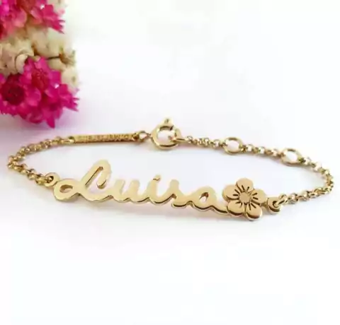 Pulseira Infantil Nome com Flor e Zircônia