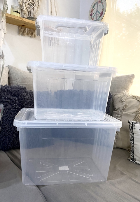 Set x 3 cajas TRANSPARENTES CON TAPA Y MANIJA