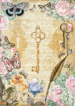 Papel para Scrap A4 - Borboletas e Chaves - Folha 01