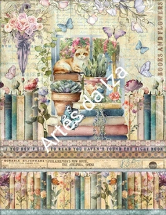Papel para Scrap A4 - Livros e Flores - Folha 12