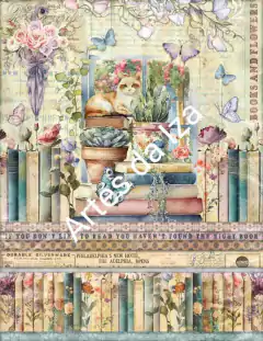 Papel para Scrap A4 - Livros e Flores - Folha 12