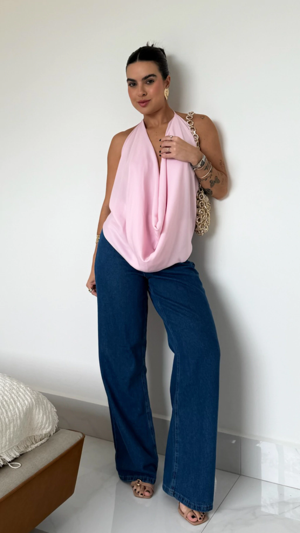 Calça Wide Leg Glitz - Jeans escuro