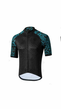 CONJUNTO NEGRO LINEAS CELESTE EN MANGA JERSEY Y MAILLOT en internet