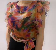 Cropped decote V babados - estampado na internet