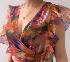 Cropped decote V babados - estampado - Atemporal Soul