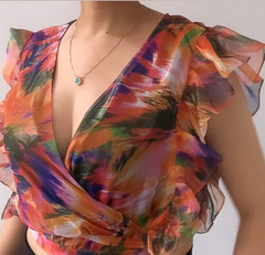 Cropped decote V babados - estampado - loja online