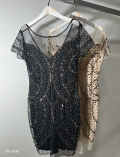 Vestido manga curta com paetê e pedraria - loja online