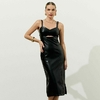 Vestido midi sem mangas couro sintético
