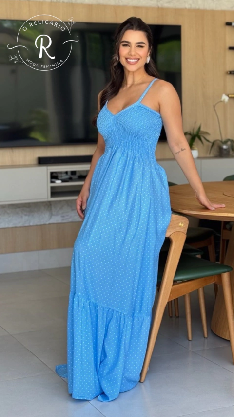 Vestido Letícia Longo Poá Azul Decote V Tamanho Único 38 a 44 O Relicário - comprar online