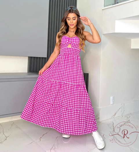 Vestido Adriana Midi Xadrez Fúcsia com Bojo NÃO AMASSA Tamanho Único 36 a 42 O Relicário