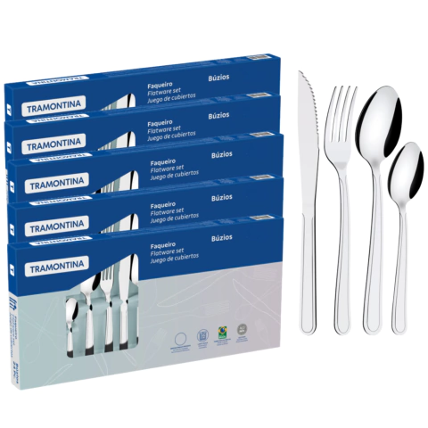 Faqueiro Inox 120 peças Tramontina Jogo de Talheres Buzios Serve 30 Pessoas Ideal p/ Bar Restaurante