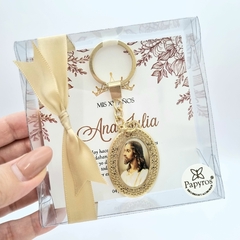 Llavero Doble Vista Encapsulado Virgen/Jesús Dorado | Pedido mínimo 12 pz - Papyros Recuerdos y Accesorios