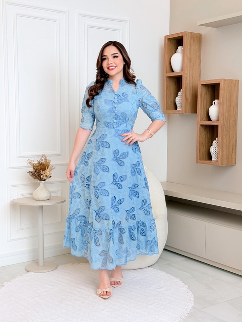 VESTIDO YARIN EM LAISE DE ALGODÃO AZUL BEBÊ - comprar online