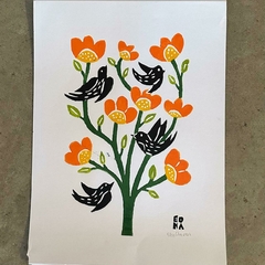 Flores laranja | Xilogravura