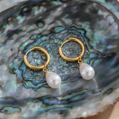 Aretes arracada perla 10mm -25mm acero dorado
