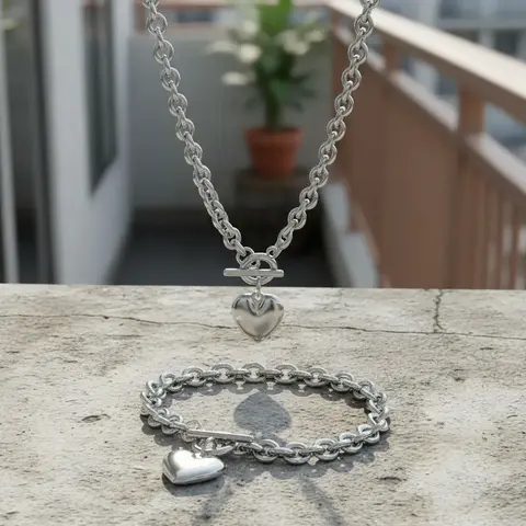 Conjunto de collar 50cm y pulsera 18cm corazón acero plateado