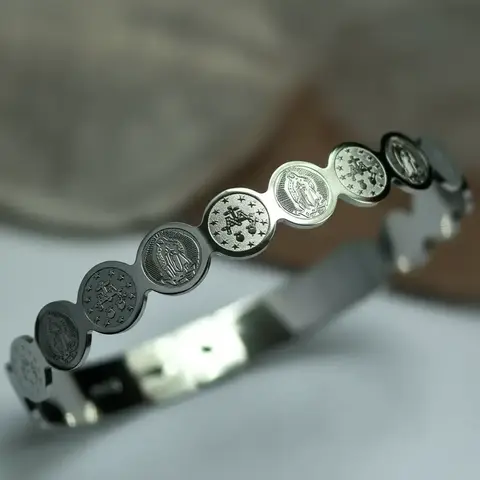 Pulsera brazalete Virgen María 6cm acero plateado