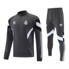 Conjunto Real Madrid Treino 25/26 - Masculino - Cinza com detalhes em azul e branco