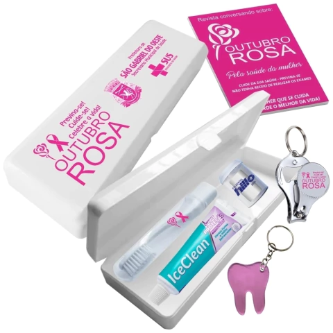 Kit para Higiene Bucal Outubro Rosa Com Estojo Retangular Personalizado