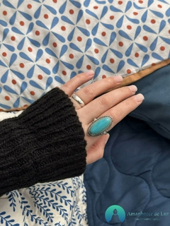 Anel Indiano Oval Pedra Natural Turquesa Prata 925