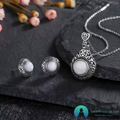 Conjunto de Prata Colar e Brinco com Pedra Natural Pedra da Lua