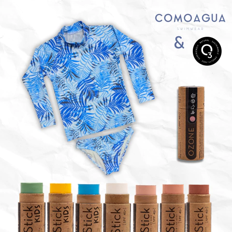 Kit SunSafe: Remera y bombacha de agua Hojas Azul - COMO AGUA + SunStick - comprar online