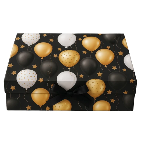 Caixa Dobrável com Fita de Cetim Estampa Balões P 28,2x20,2x9,2cm